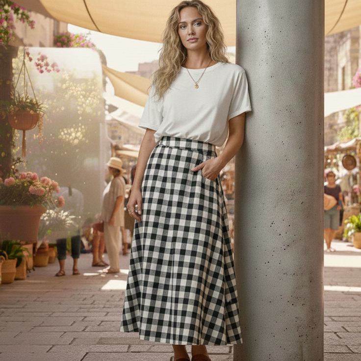 Woman in a white top and black and white checkered skirt standing in an outdoor market setting.